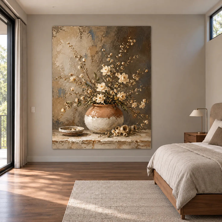 Beige Brown Hand-Painted Oil Painting, Rustic Floral Still Life #PQHF3GDB