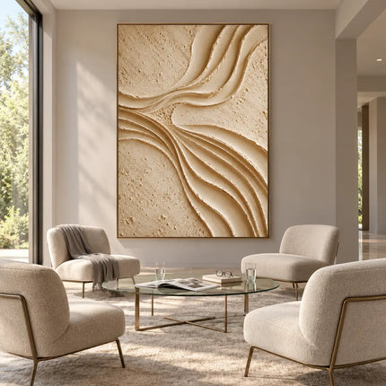 Cream Hand-Painted 3D Textured Abstract Painting, Flowing Ridges #CMQL0SFE