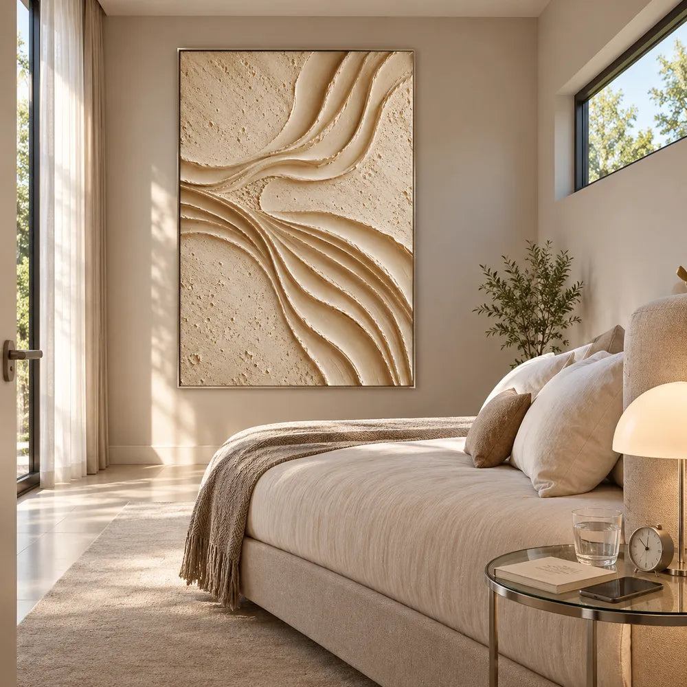 Cream Hand-Painted 3D Textured Abstract Painting, Flowing Ridges #CMQL0SFE