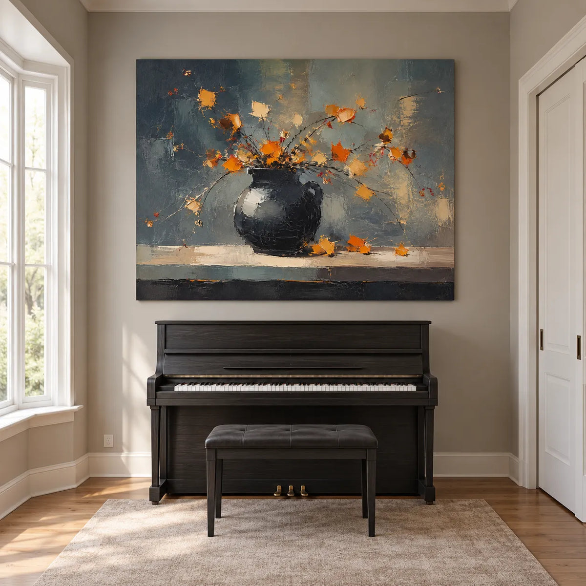 Slate Gray Hand-Painted Oil Painting, Orange Flowers in a Black Pitcher #S96P9Y7X