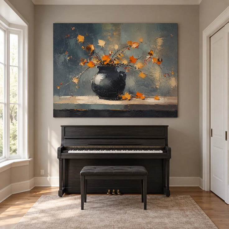 Slate Gray Hand-Painted Oil Painting, Orange Flowers in a Black Pitcher #S96P9Y7X