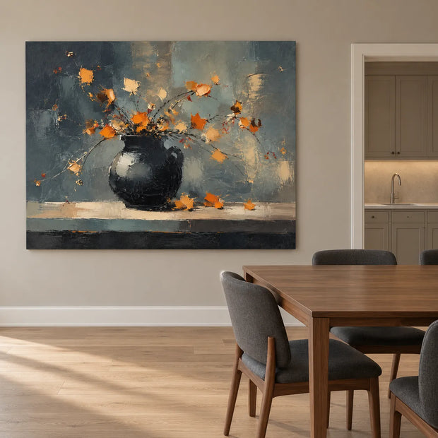 Slate Gray Hand-Painted Oil Painting, Orange Flowers in a Black Pitcher #S96P9Y7X