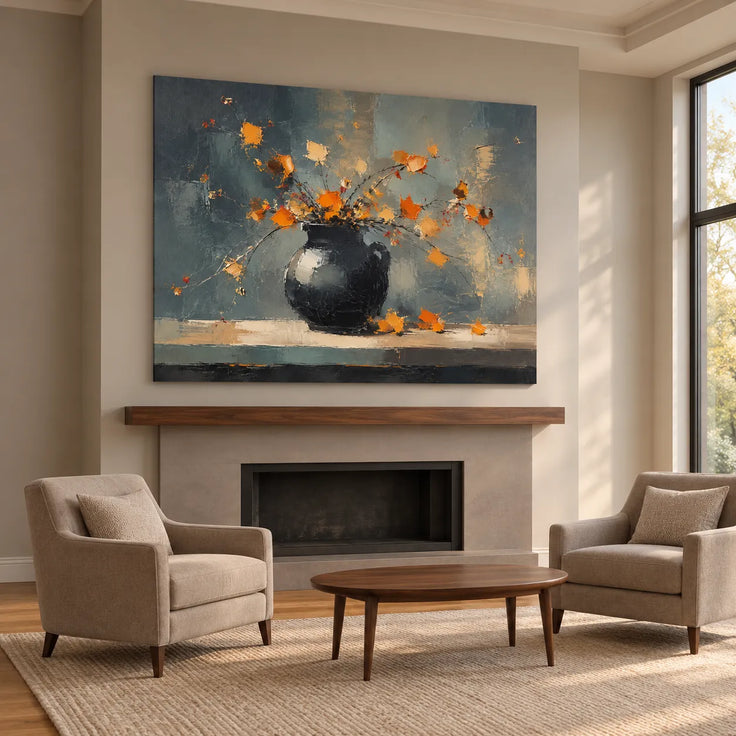 Slate Gray Hand-Painted Oil Painting, Orange Flowers in a Black Pitcher #S96P9Y7X