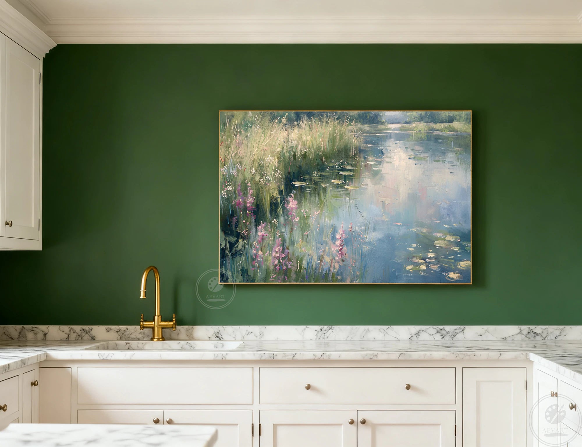 Impressionist Water Lily Pond Oil Painting, Calm Nature Landscape Wall Art #FT584