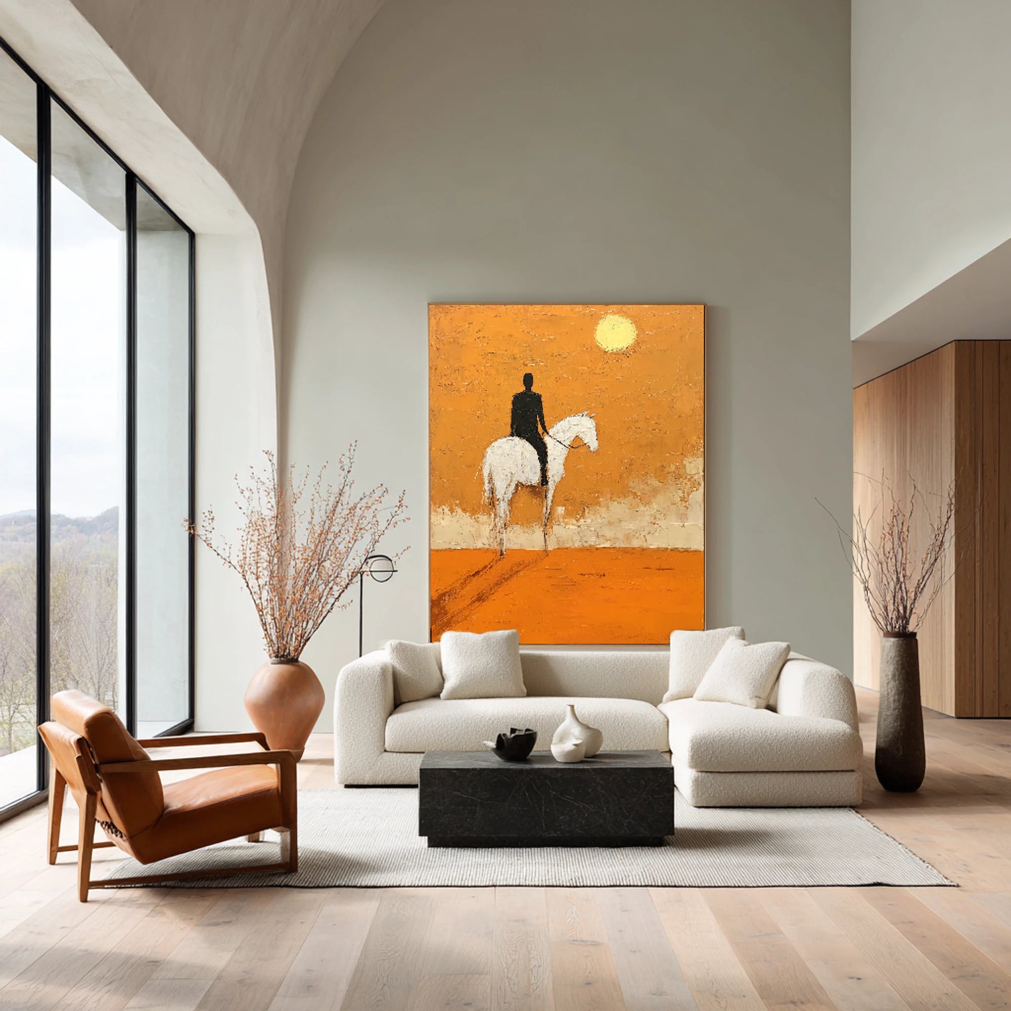 Orange Sunset Horse Rider Abstract Oil Painting, Hand-Painted Wall Art #WA528