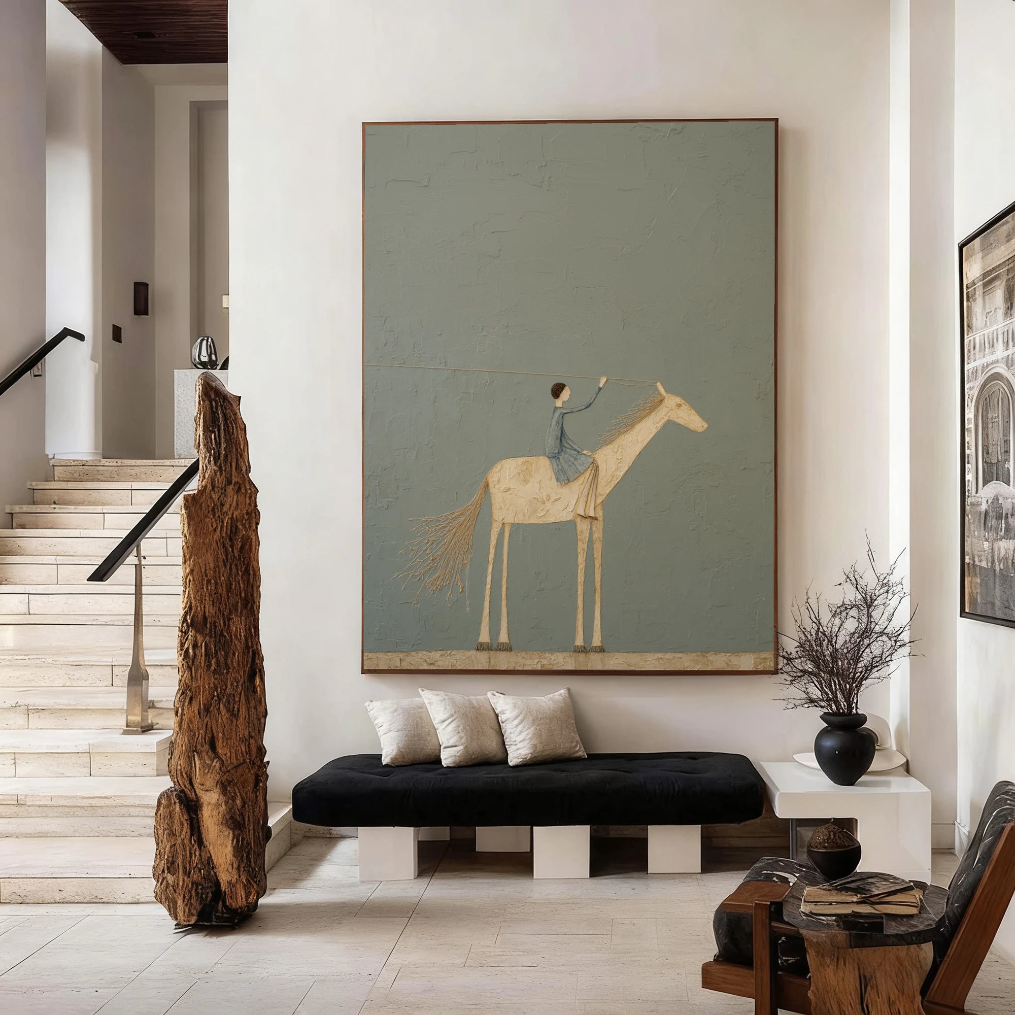 Minimalist Hand-Painted Horse Rider Oil Painting, Neutral Wall Art #WA533