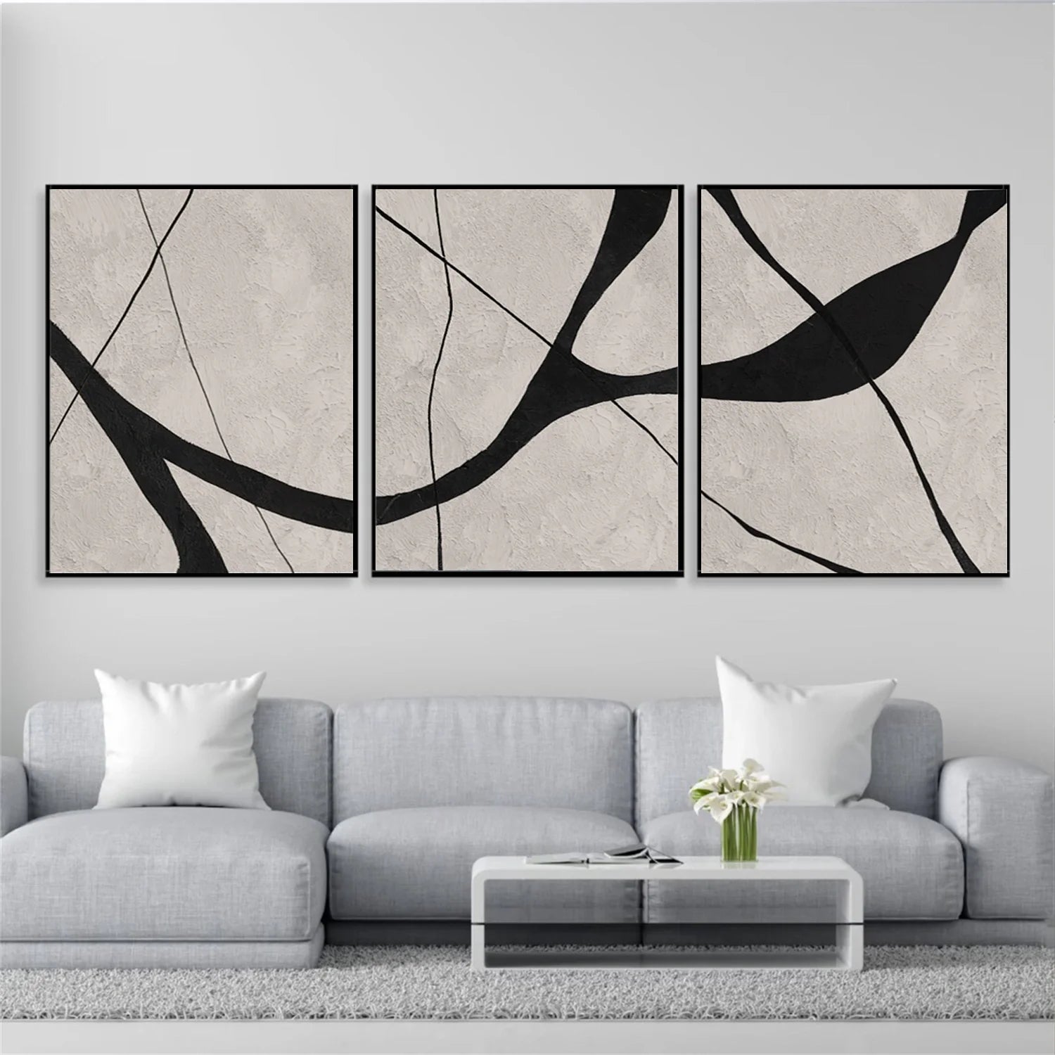 Beige & Black Abstract Textured Painting Set of 3 #WA465