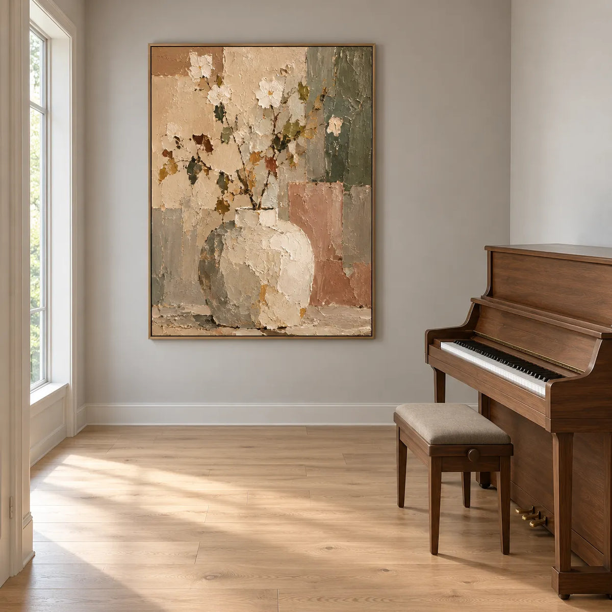 Beige Cream Hand-Painted Oil Painting, Floral Vase Still Life #Q9DXN7X5