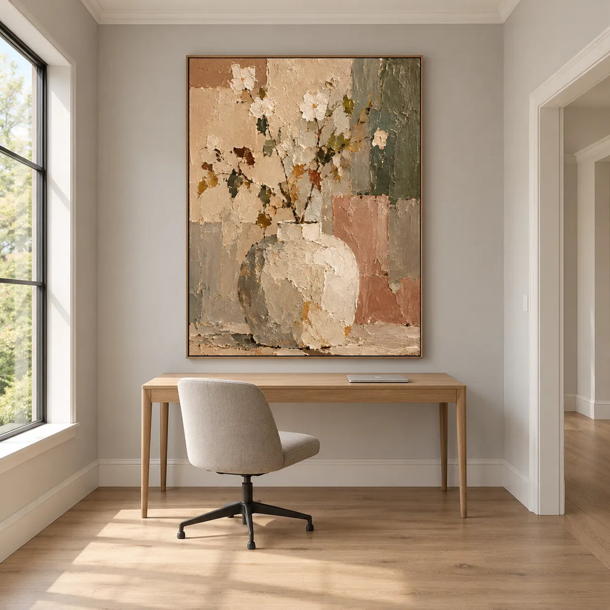 Beige Cream Hand-Painted Oil Painting, Floral Vase Still Life #Q9DXN7X5
