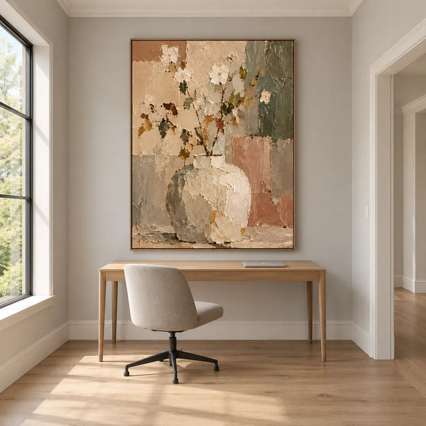 Beige Cream Hand-Painted Oil Painting, Floral Vase Still Life #Q9DXN7X5