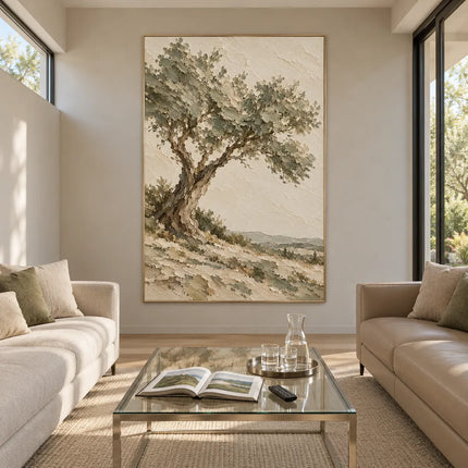 Beige Hand-Painted Tree Landscape, Twisting Trunk and Open Sky #S20VY9VF