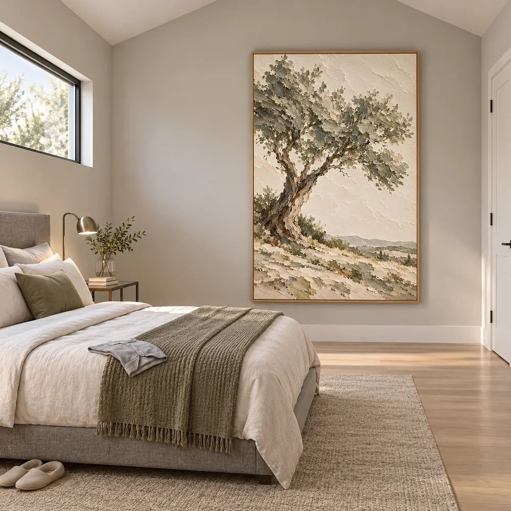 Beige Hand-Painted Tree Landscape, Twisting Trunk and Open Sky #S20VY9VF