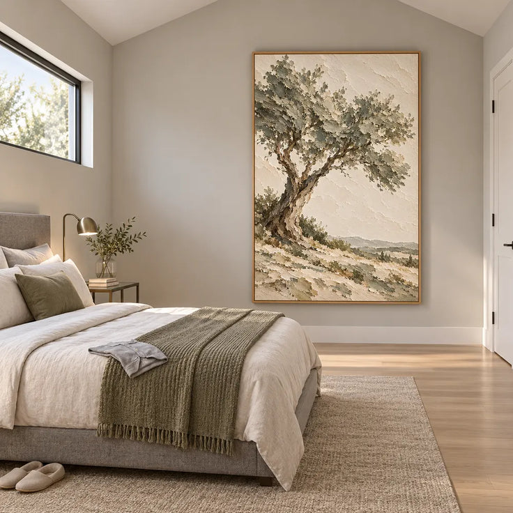 Beige Hand-Painted Tree Landscape, Twisting Trunk and Open Sky #S20VY9VF