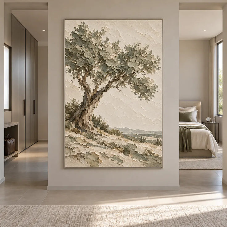 Beige Hand-Painted Tree Landscape, Twisting Trunk and Open Sky #S20VY9VF