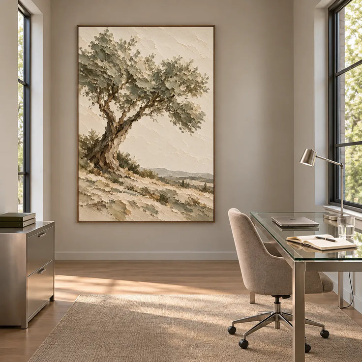 Beige Hand-Painted Tree Landscape, Twisting Trunk and Open Sky #S20VY9VF