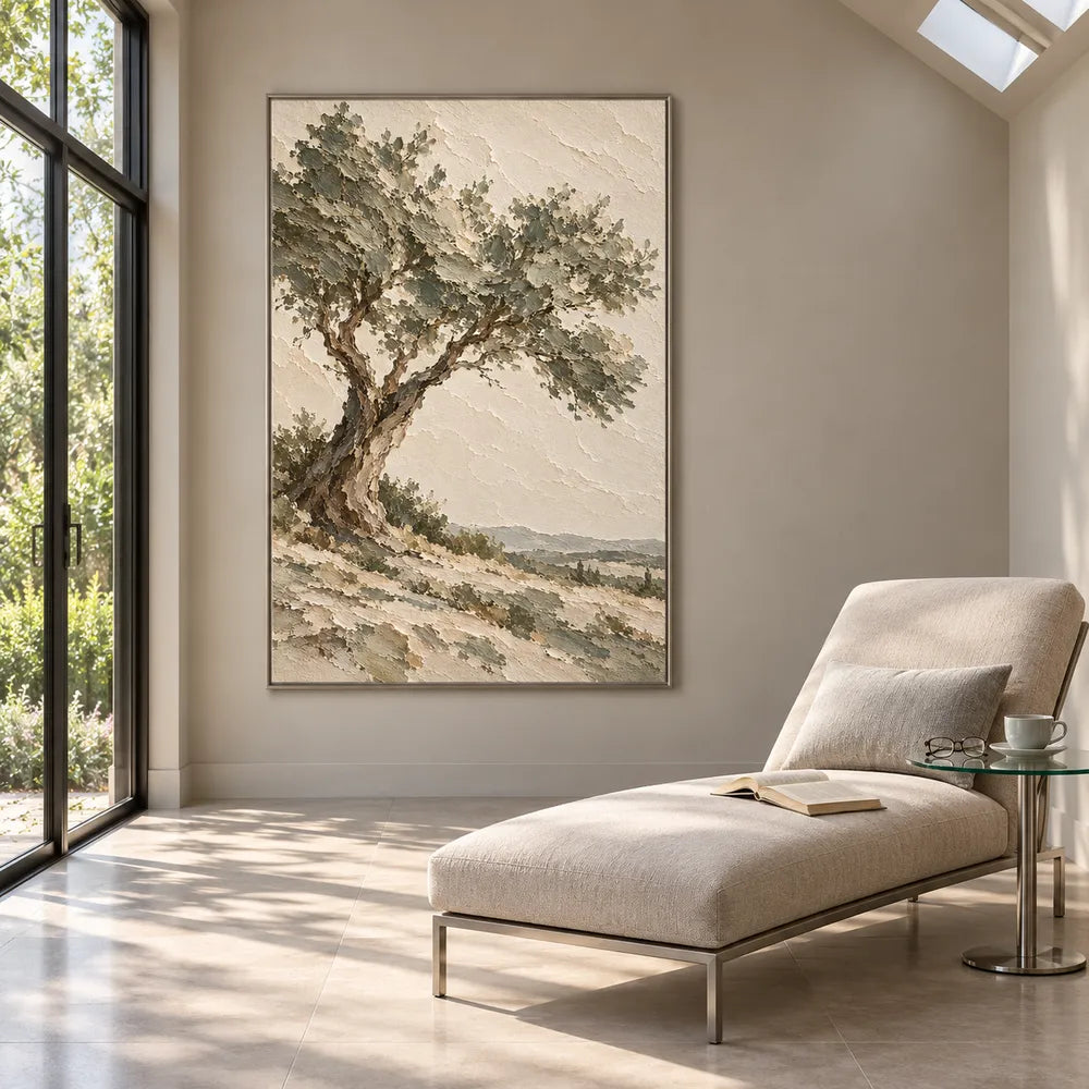 Beige Hand-Painted Tree Landscape, Twisting Trunk and Open Sky #S20VY9VF