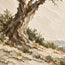 Beige Hand-Painted Tree Landscape, Twisting Trunk and Open Sky #S20VY9VF