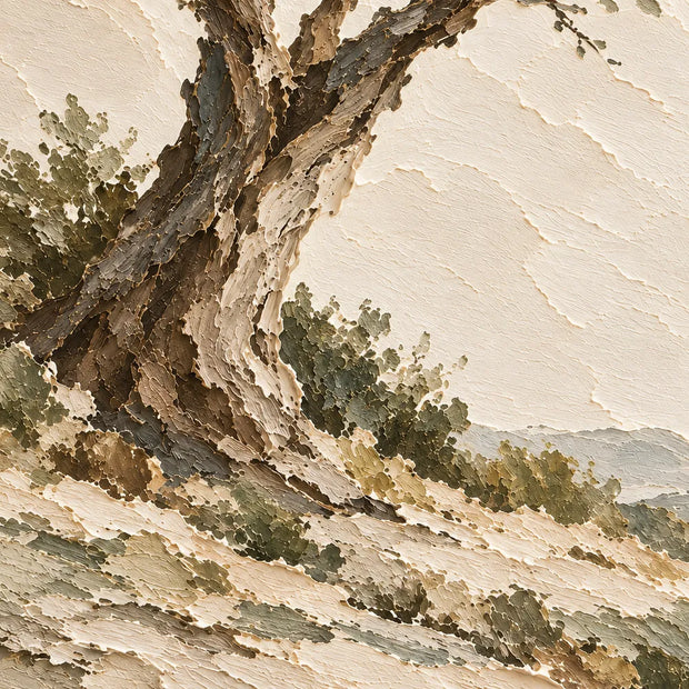 Beige Hand-Painted Tree Landscape, Twisting Trunk and Open Sky #S20VY9VF