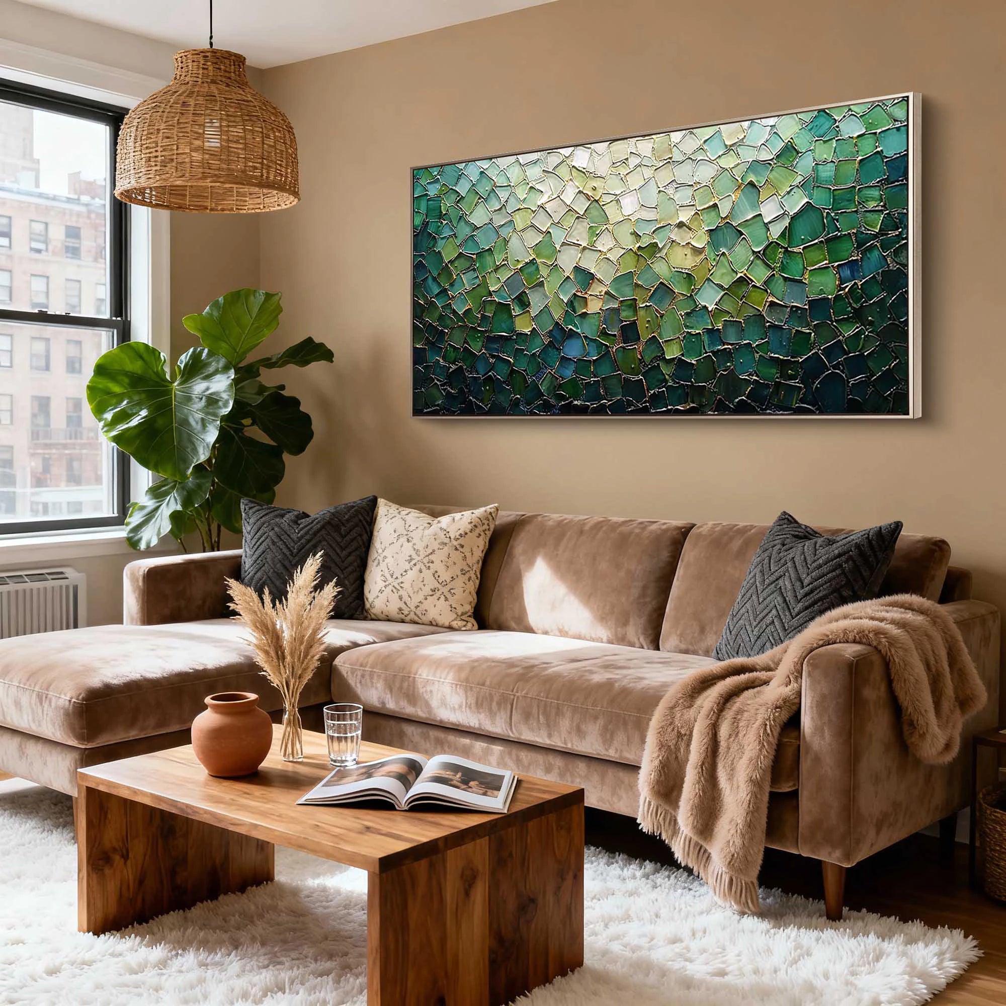 Modern Deep Green Geometric Textured Oil Painting #MD227