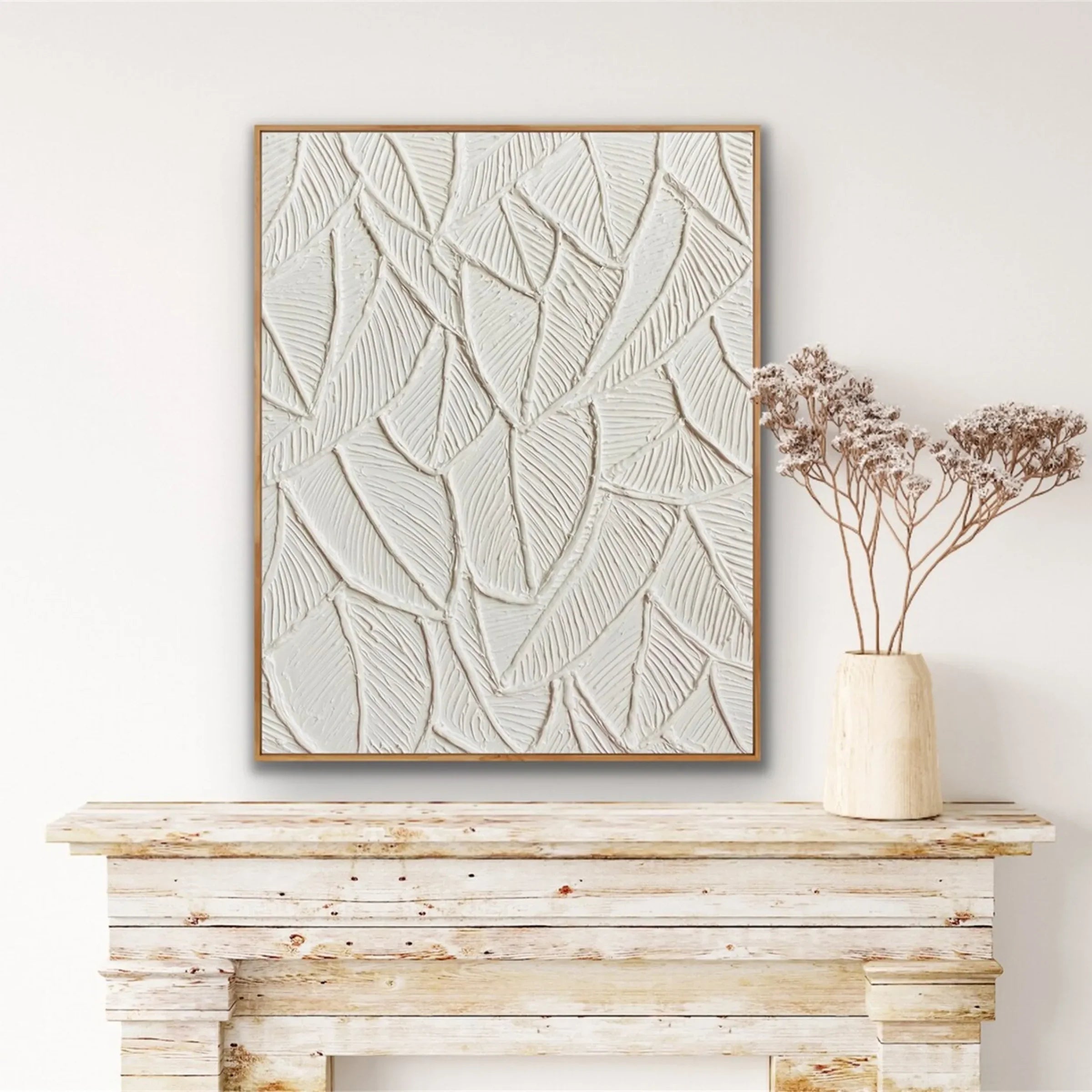White 3D Textured Leaf Abstract Painting #MD150