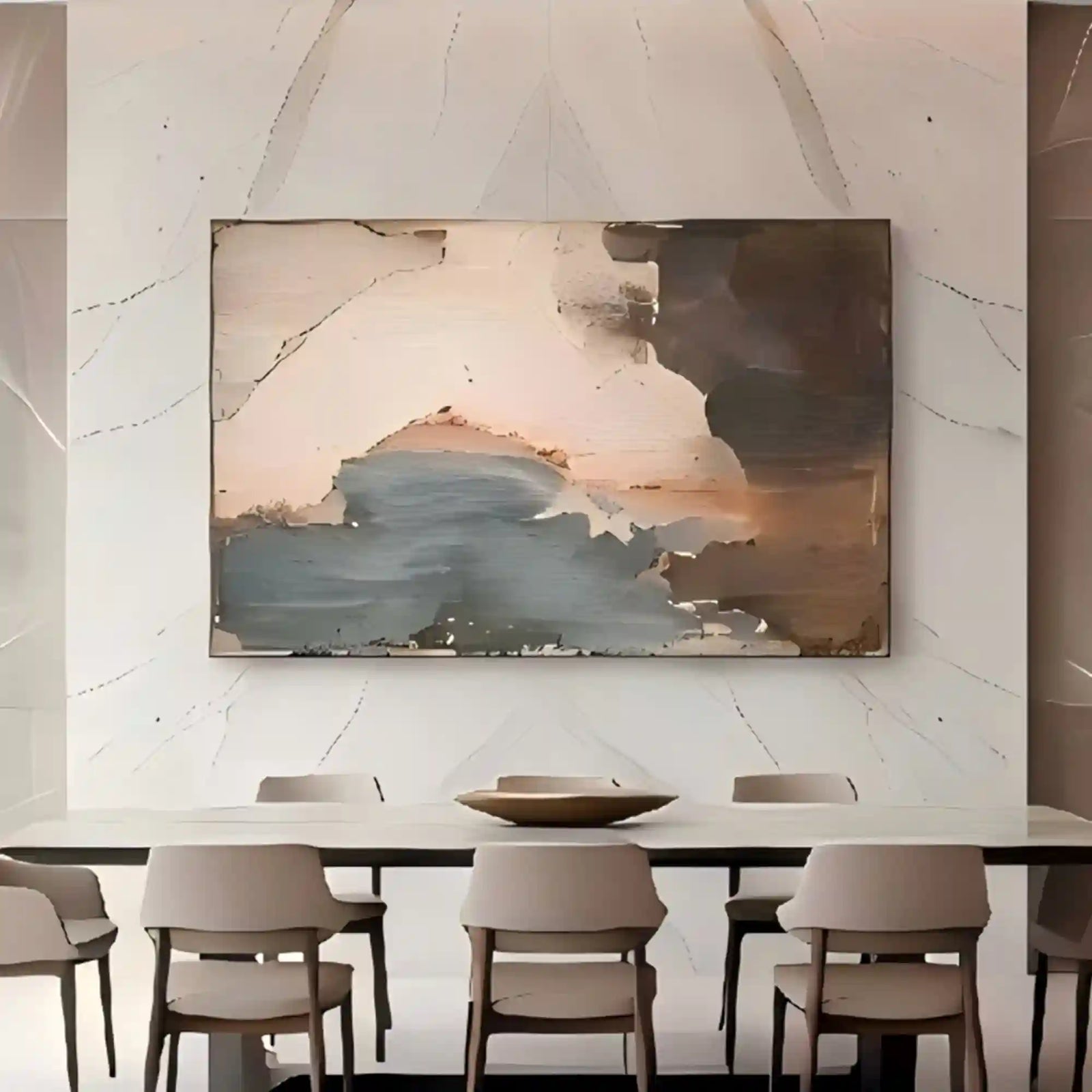 Cracked Seaside Textured Wall Art for Living Room, Blue Beige Wabi Sabi Abstract Seascape Painting