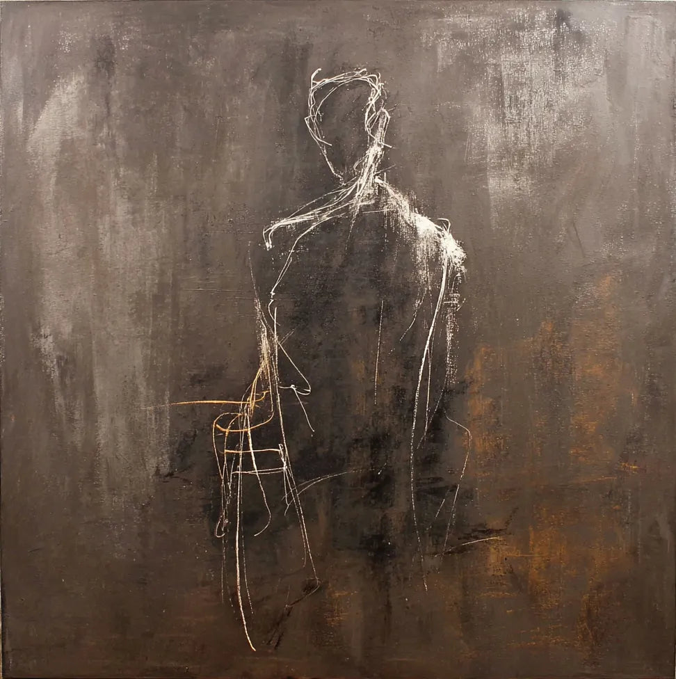 Abstract Silhouette Textured Wall Art for Living Room, Dark Brown Wabi Sabi Minimalist Figurative Painting