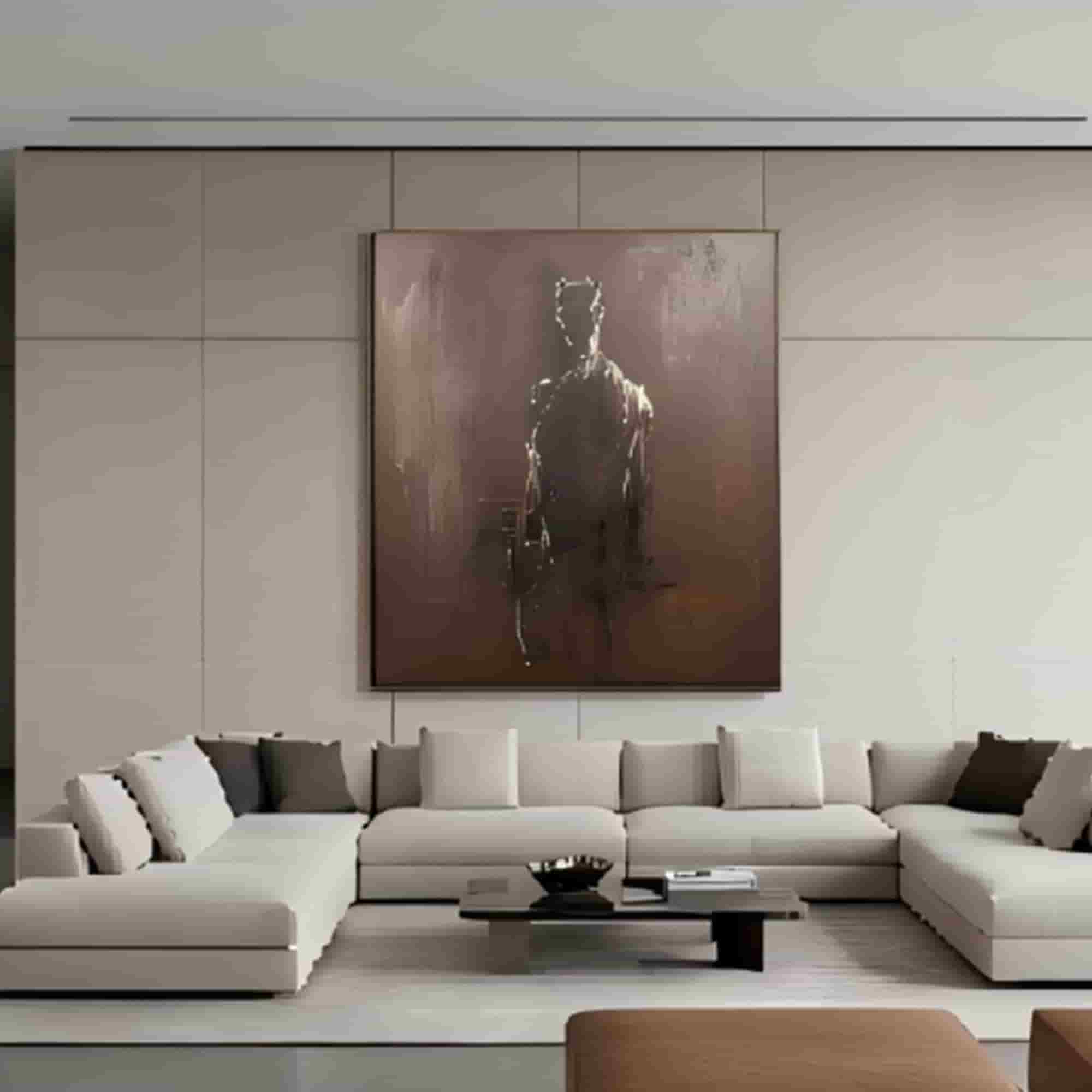Abstract Silhouette Textured Wall Art for Living Room, Dark Brown Wabi Sabi Minimalist Figurative Painting