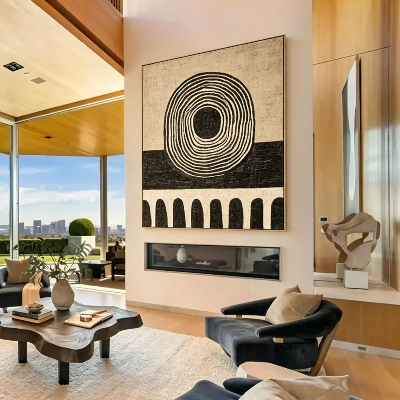 Geometric Circle Textured Wall Art for Living Room, Beige Black Wabi Sabi Abstract Painting