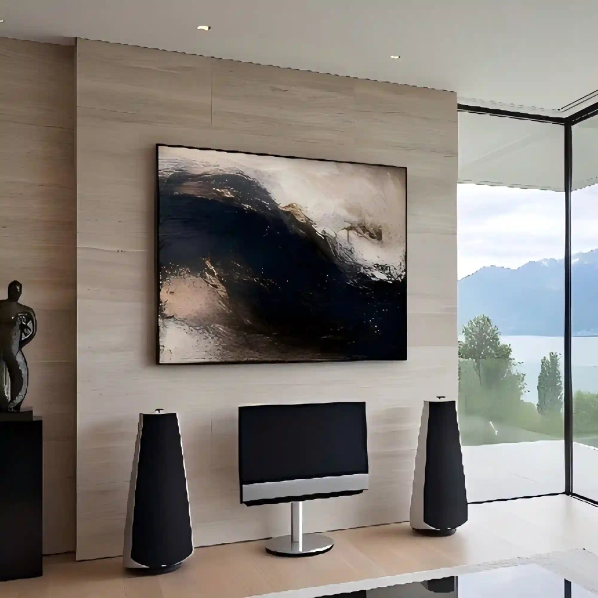 Moody Gold Textured Wall Art for Living Room, Black Brown Wabi Sabi Abstract Landscape Painting