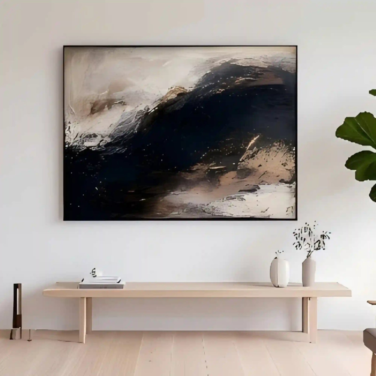 Moody Gold Textured Wall Art for Living Room, Black Brown Wabi Sabi Abstract Landscape Painting