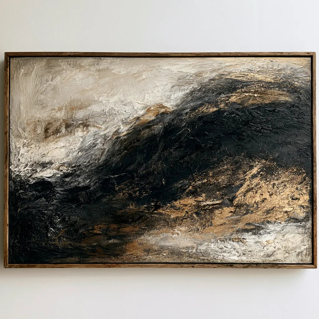 Moody Gold Textured Wall Art for Living Room, Black Brown Wabi Sabi Abstract Landscape Painting