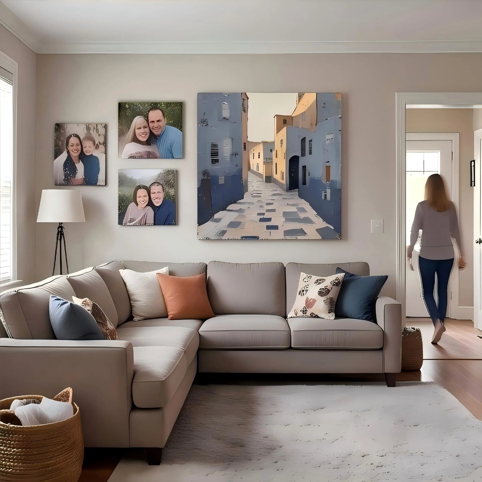 Mediterranean Alley Textured Wall Art for Living Room, Dusty Blue Beige Vintage Cityscape Painting