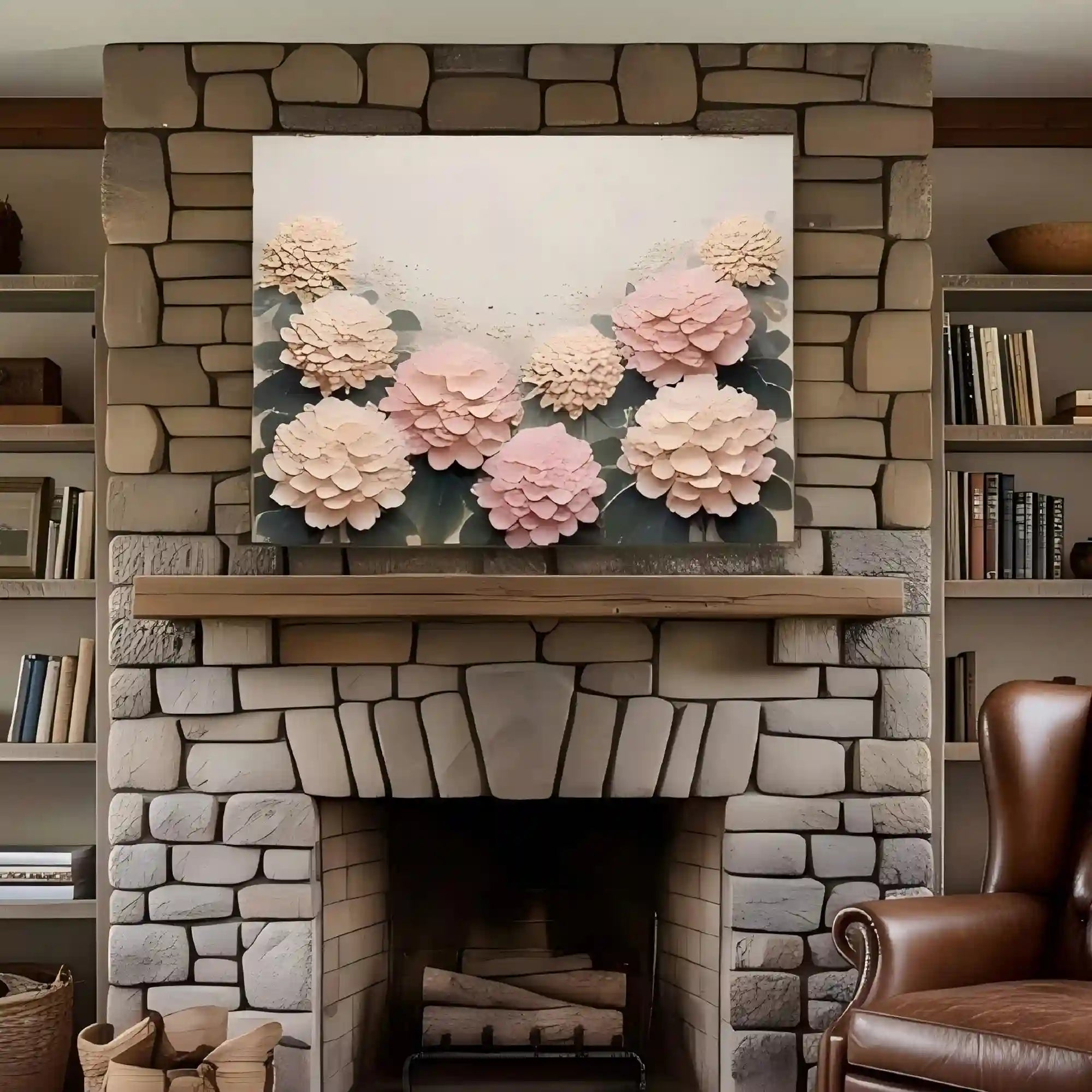 Soft Floral Textured Wall Art for Living Room, Blush Pink Cream Botanical Painting #VUPDR01S