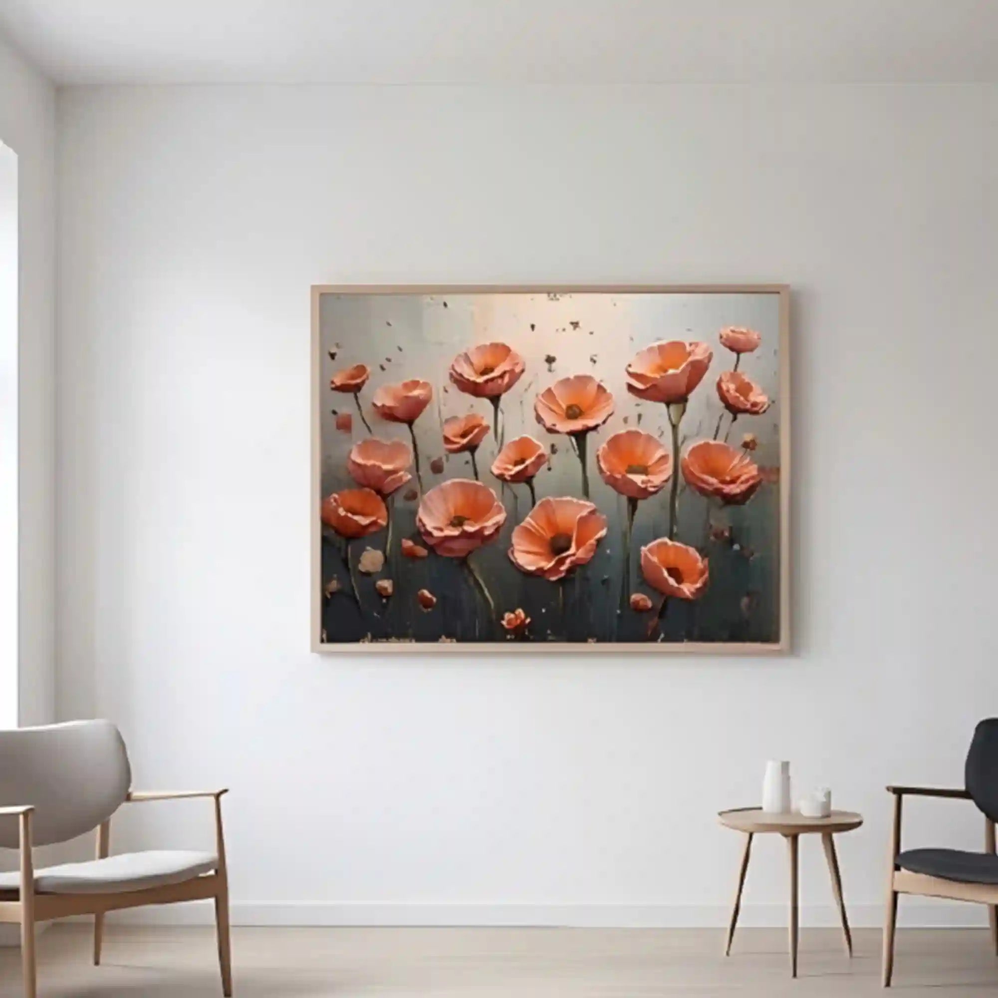 Warm Poppy Floral Textured Wall Art for Living Room, Orange Blue Vintage Botanical Painting #L5KTKGZX