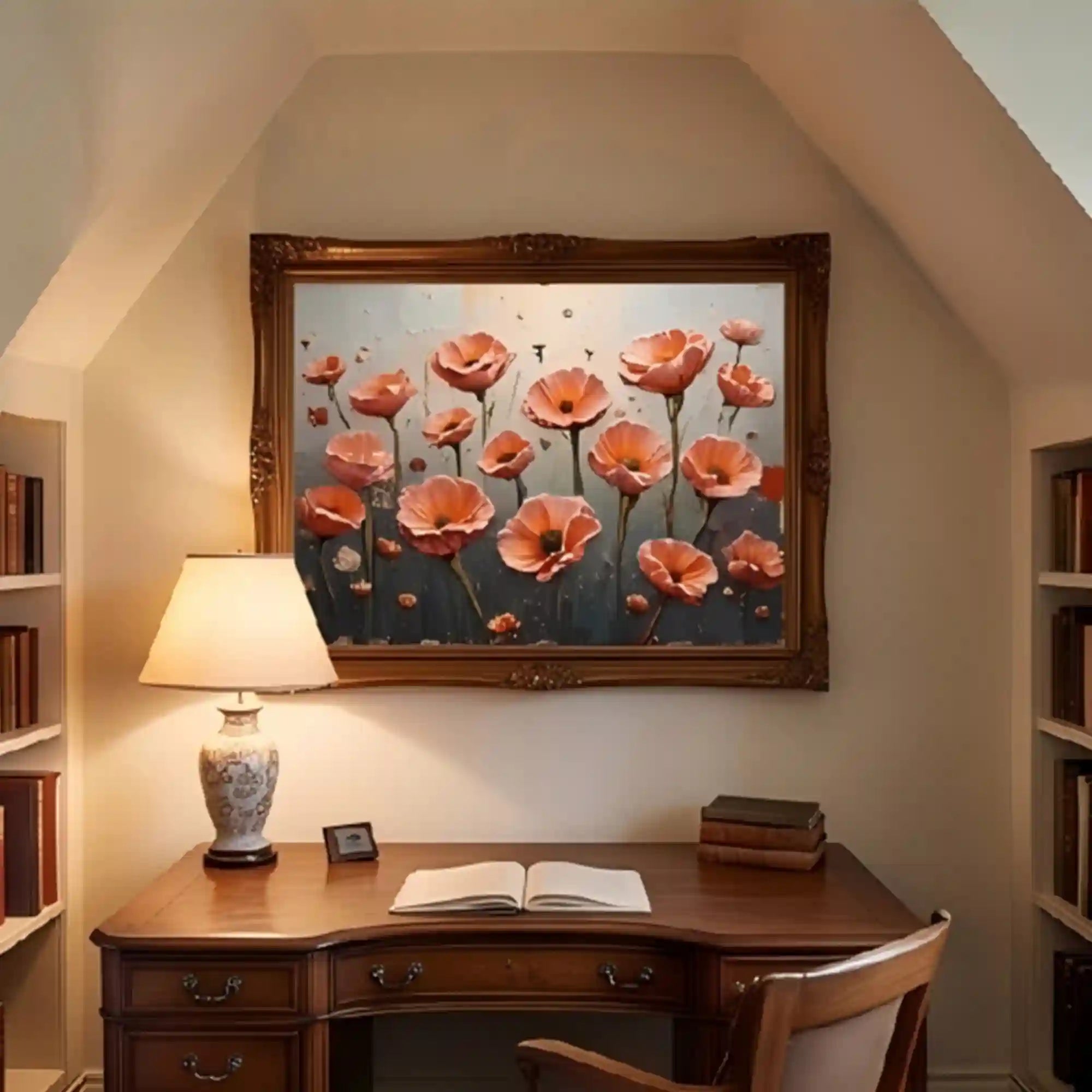 Warm Poppy Floral Textured Wall Art for Living Room, Orange Blue Vintage Botanical Painting #L5KTKGZX