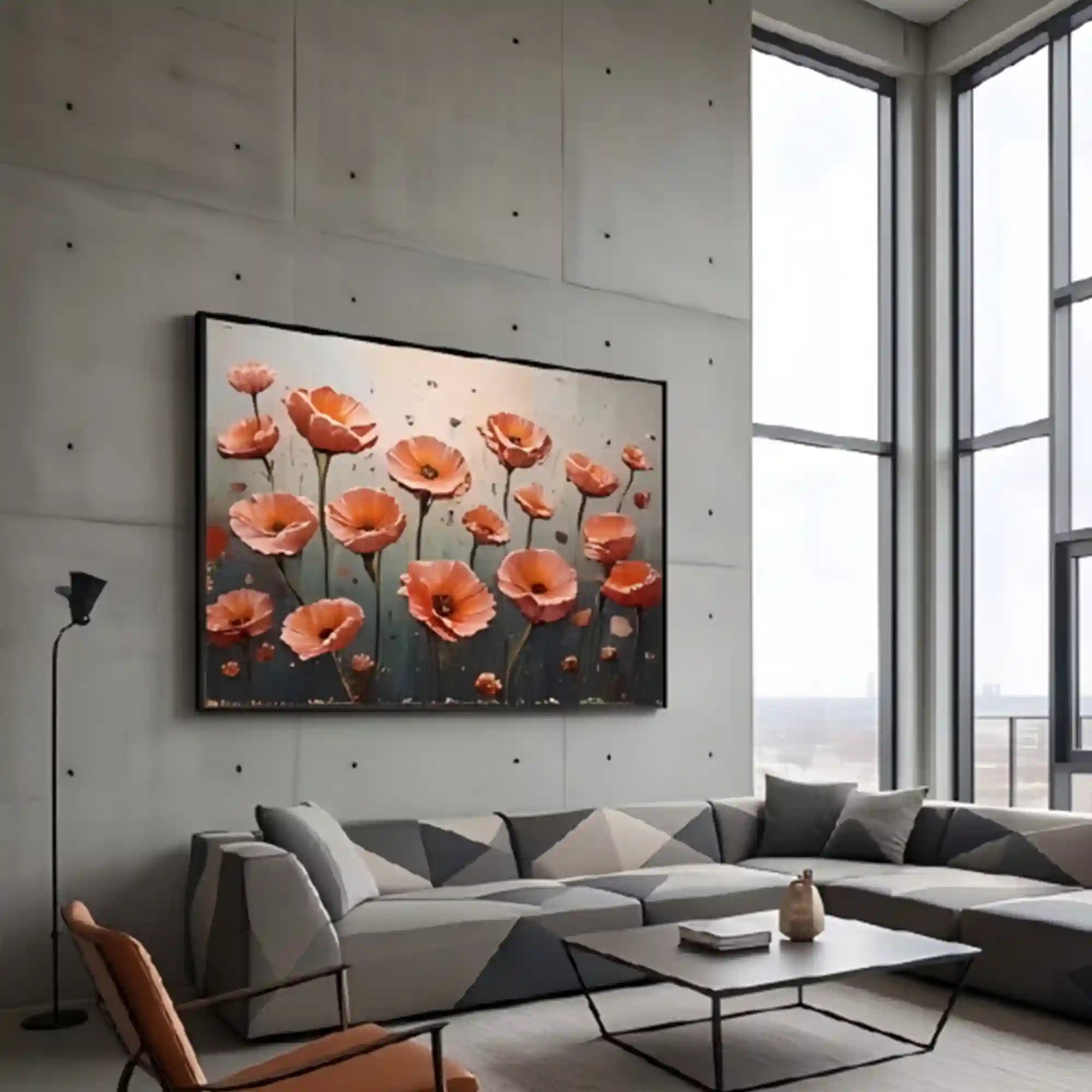 Warm Poppy Floral Textured Wall Art for Living Room, Orange Blue Vintage Botanical Painting #L5KTKGZX