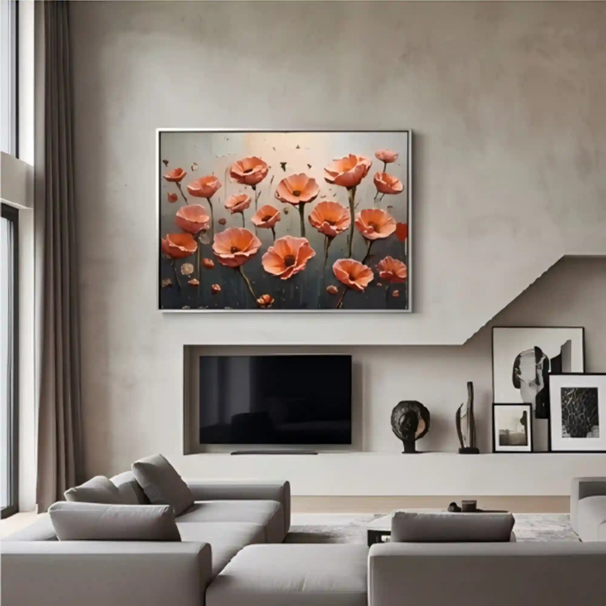 Warm Poppy Floral Textured Wall Art for Living Room, Orange Blue Vintage Botanical Painting #L5KTKGZX