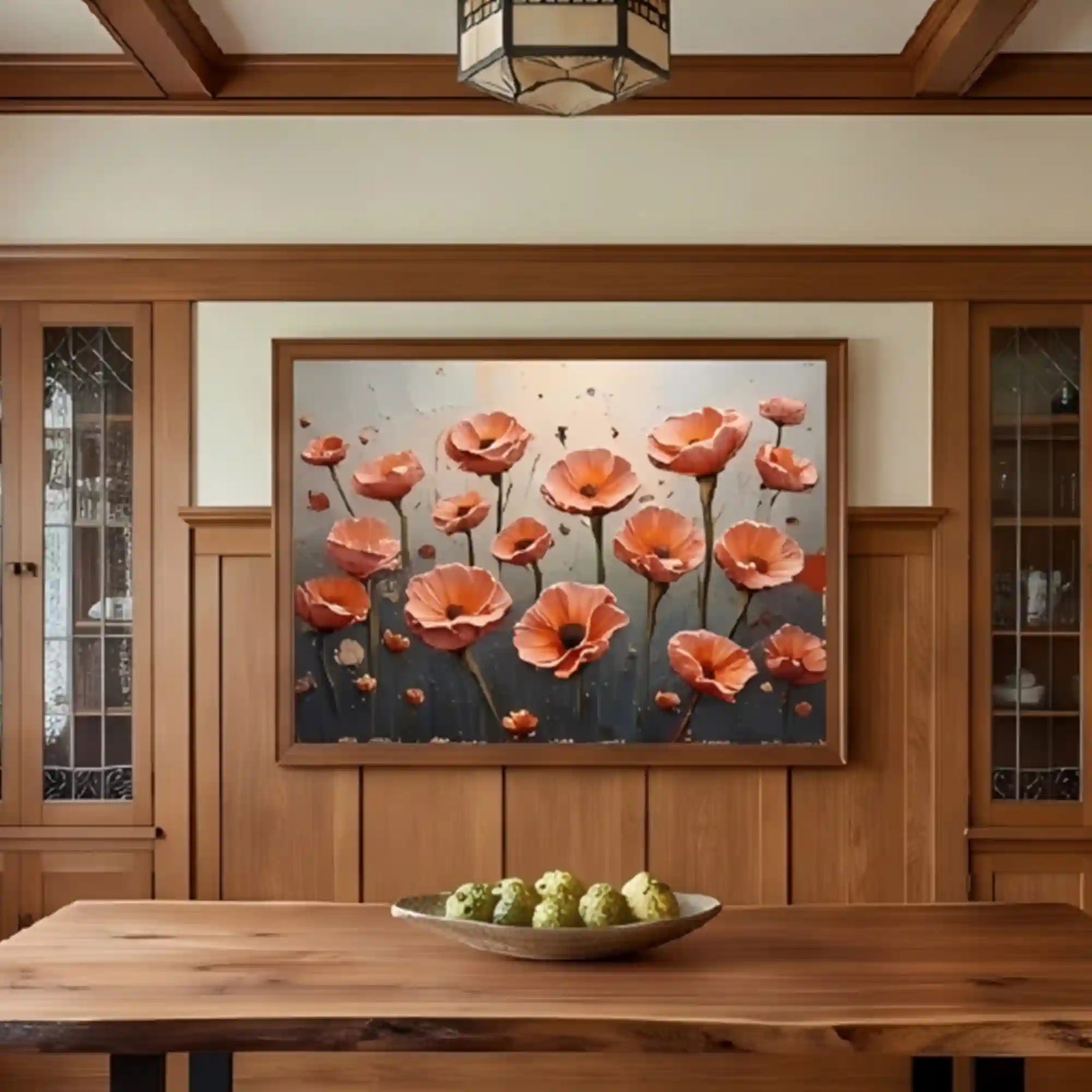 Warm Poppy Floral Textured Wall Art for Living Room, Orange Blue Vintage Botanical Painting