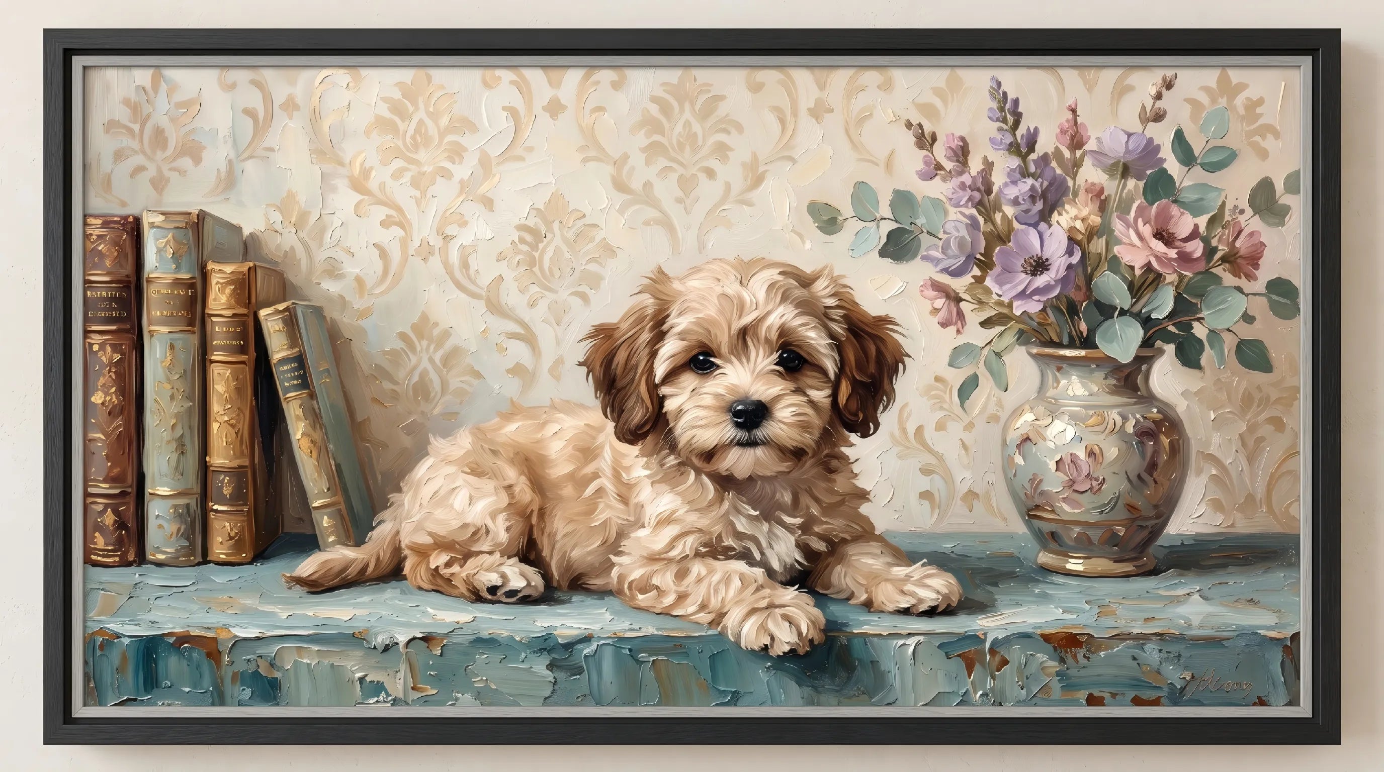 Cozy Puppy Floral Textured Wall Art for Bedroom, Vintage Beige Blue Cottage Animal Painting #21KOTAON