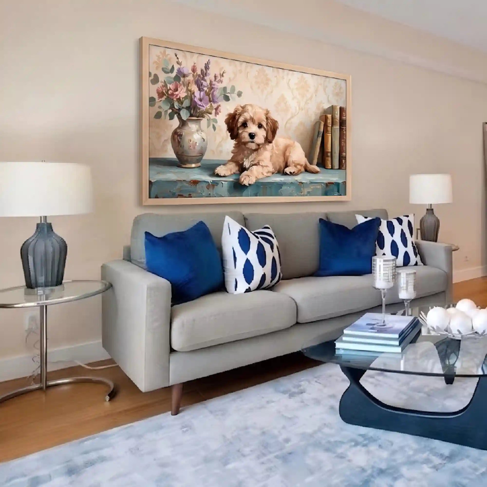 Cozy Puppy Floral Textured Wall Art for Bedroom, Vintage Beige Blue Cottage Animal Painting #21KOTAON