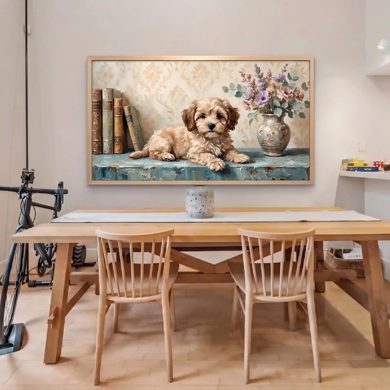 Cozy Puppy Floral Textured Wall Art for Bedroom, Vintage Beige Blue Cottage Animal Painting