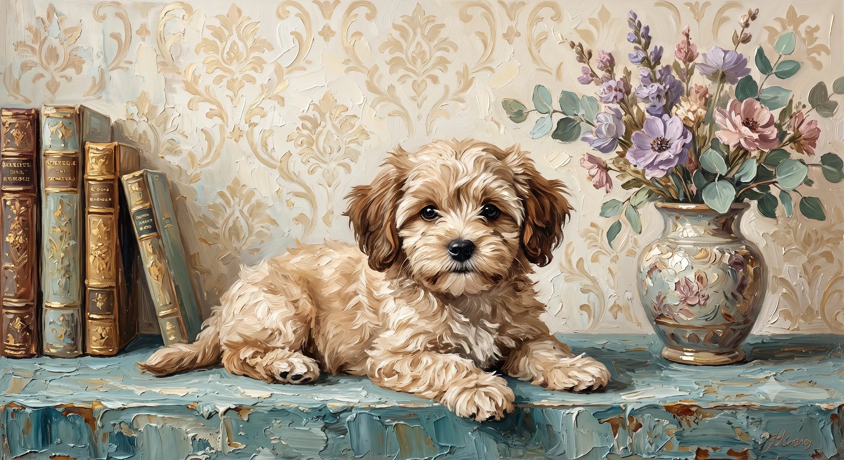Cozy Puppy Floral Textured Wall Art for Bedroom, Vintage Beige Blue Cottage Animal Painting #21KOTAON