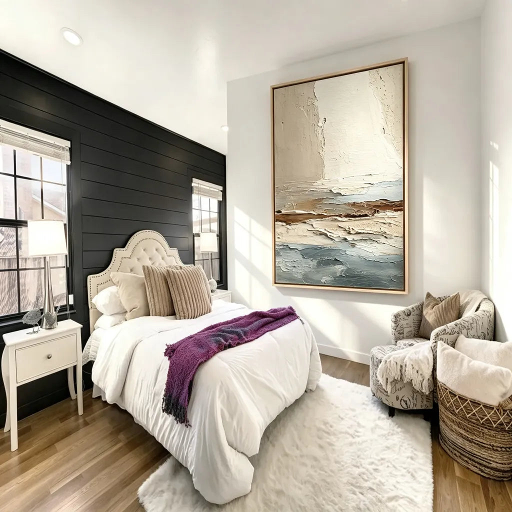 Neutral Textured Coastal Abstract Wall Art in Beige and Soft Blue for Modern Living Rooms
