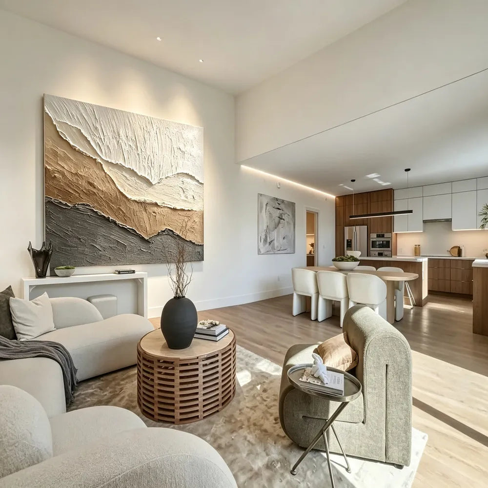 Neutral Textured Abstract Wall Art in Cream, Taupe and Charcoal for Modern Living Rooms