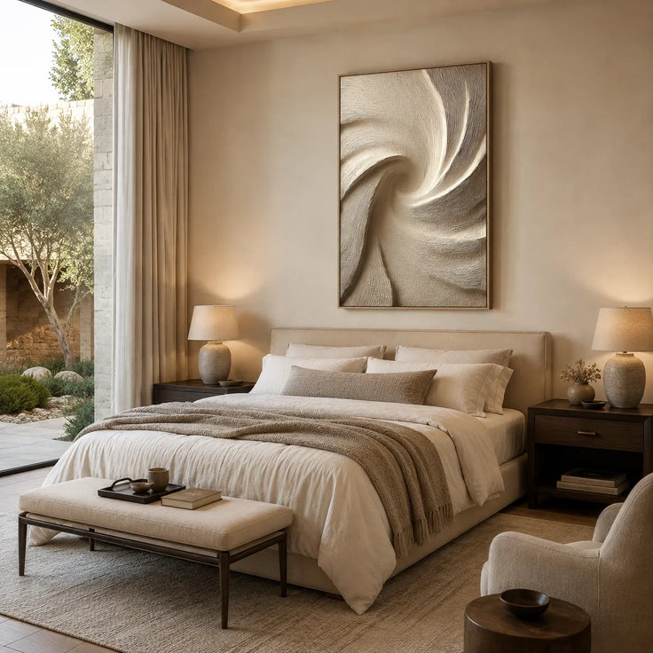 Beige Textured Wall Art for Bedroom, Sculptural Wabi Sabi Abstract Painting #9BU6JMH7