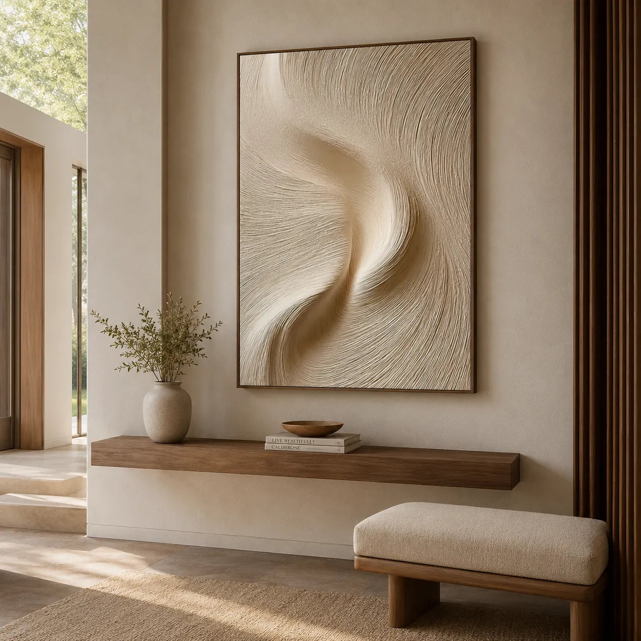 Warm Neutral Textured Abstract Wall Art with Flowing Lines for Living Room