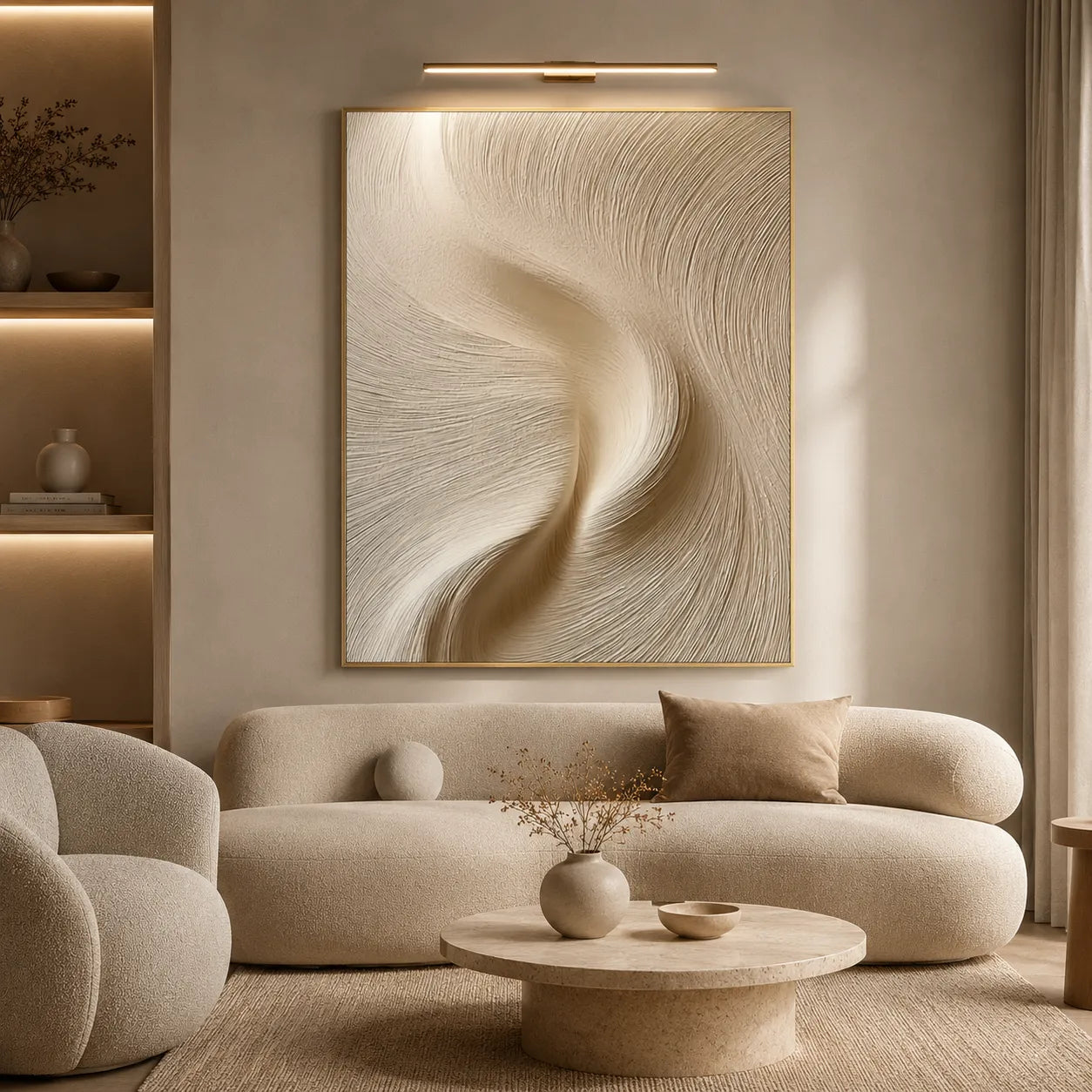 Warm Neutral Textured Abstract Wall Art with Flowing Lines for Living Room