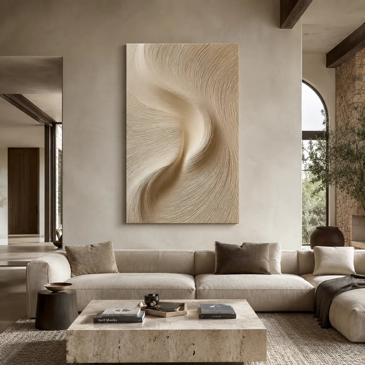 Beige Textured Wall Art for Bedroom, Flowing Wabi Sabi Abstract Painting #WMM9KVO7