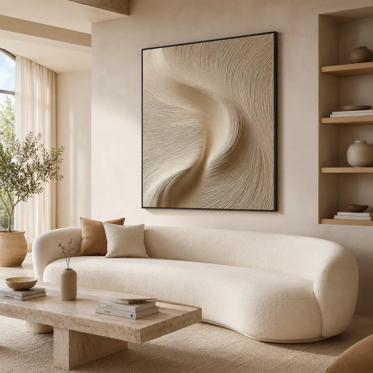 Warm Neutral Textured Abstract Wall Art with Flowing Lines for Living Room