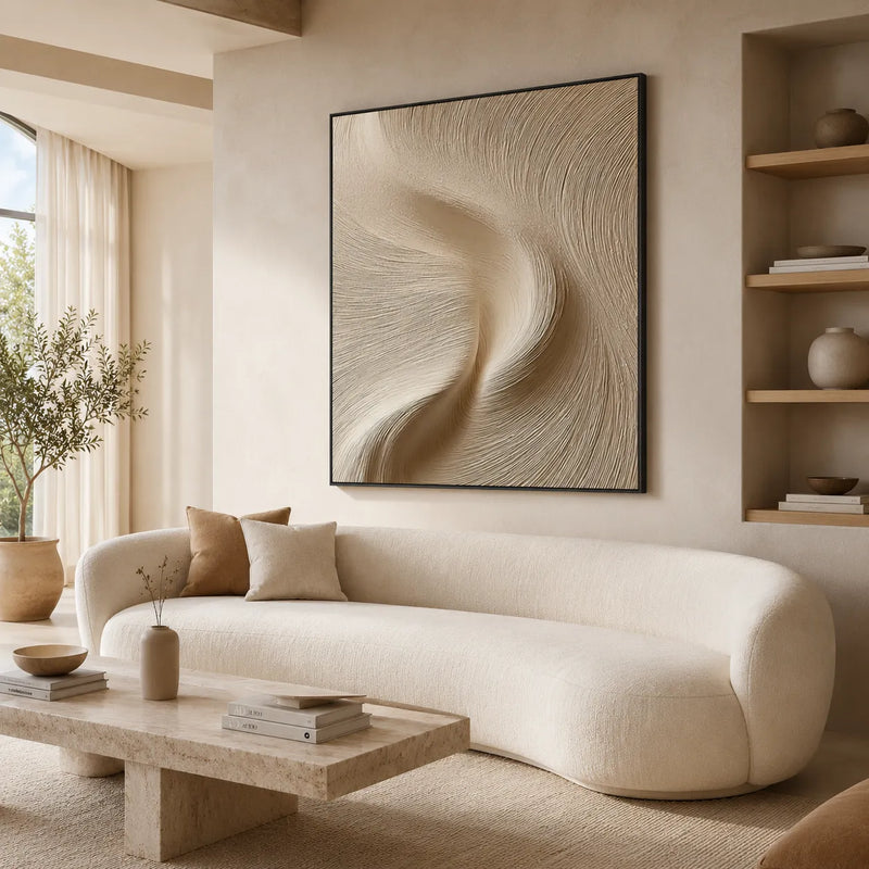 Warm Neutral Textured Abstract Wall Art with Flowing Lines for Living Room